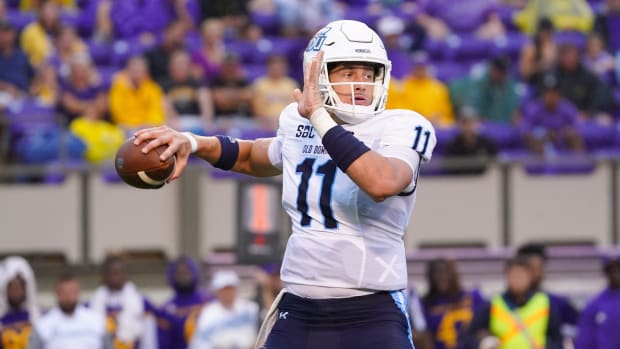 Sep 10, 2022; Greenville, North Carolina, USA; Old Dominion Monarchs quarterback Hayden Wolff (11) throws the ball against the East Carolina Pirates during the first half at Dowdy-Ficklen Stadium. Mandatory Credit: James Guillory-USA TODAY Sports